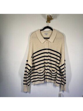 Ophelia Roe Womens Striped Knit Cardigan Sweater 3X Beige & Navy With Pockets
